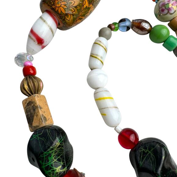Eclectic Artisan Beaded Necklace Mixed Media Glass Wood Ceramic Funky Boho - Picture 6 of 13